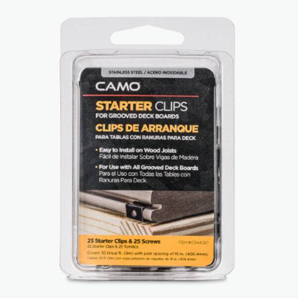 CAMO Starter Clips packaging – 25 stainless steel starter clips and screws for securing the first and last grooved deck boards on wood joists.