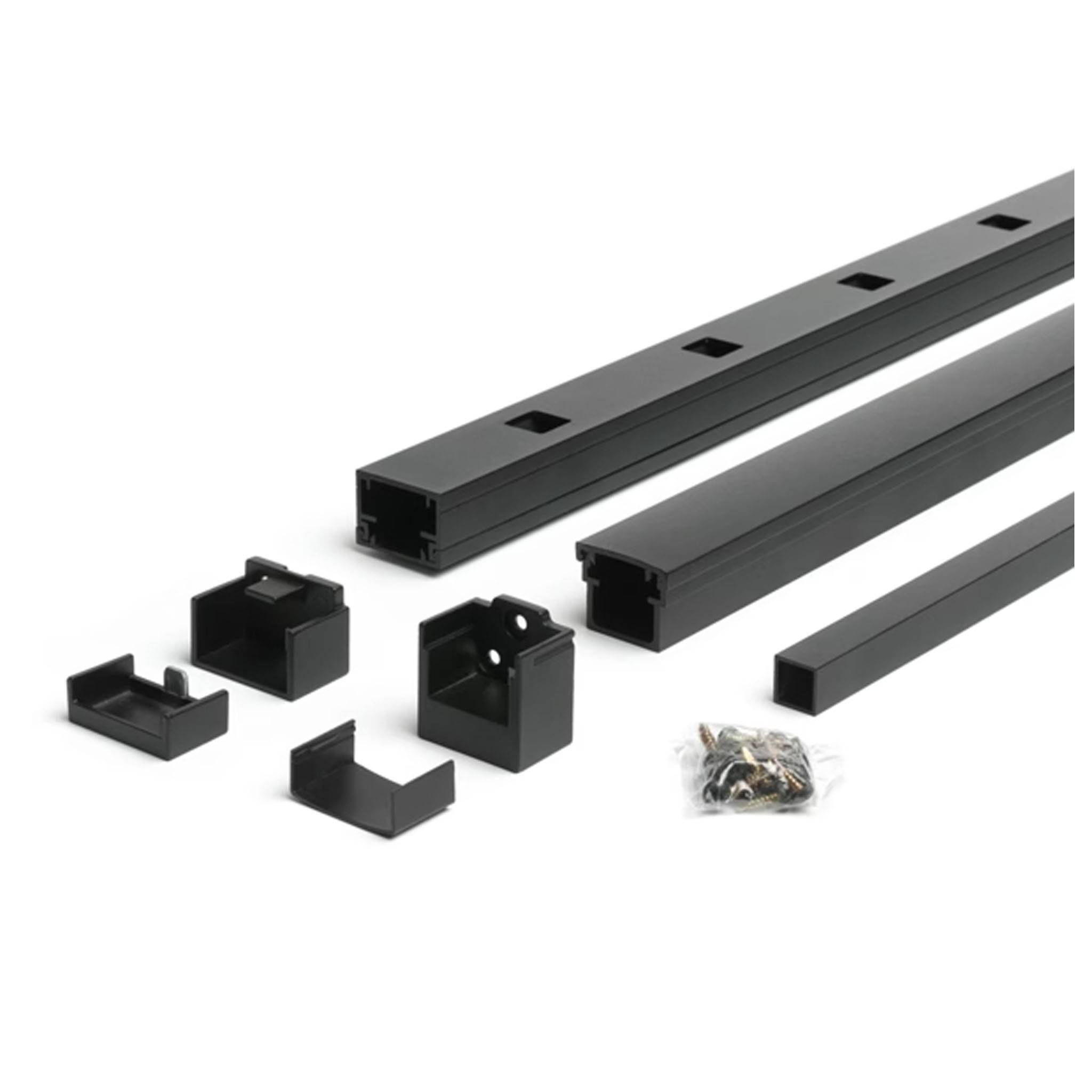 Trex Signature Square Baluster Kit components – rails, brackets, screws, and balusters in Charcoal Black