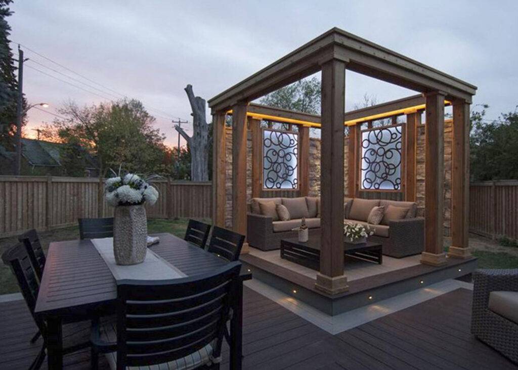 Decorative Solana panel privacy screens on a patio with modern furniture