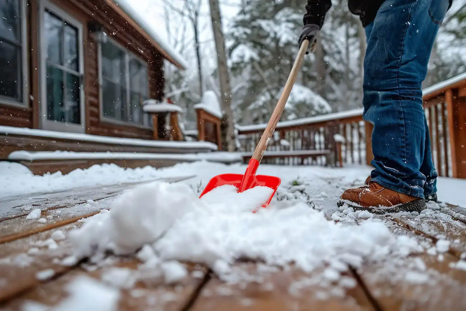 Shoveling snow from a winter deck – Climate-Resilient Decking Guide