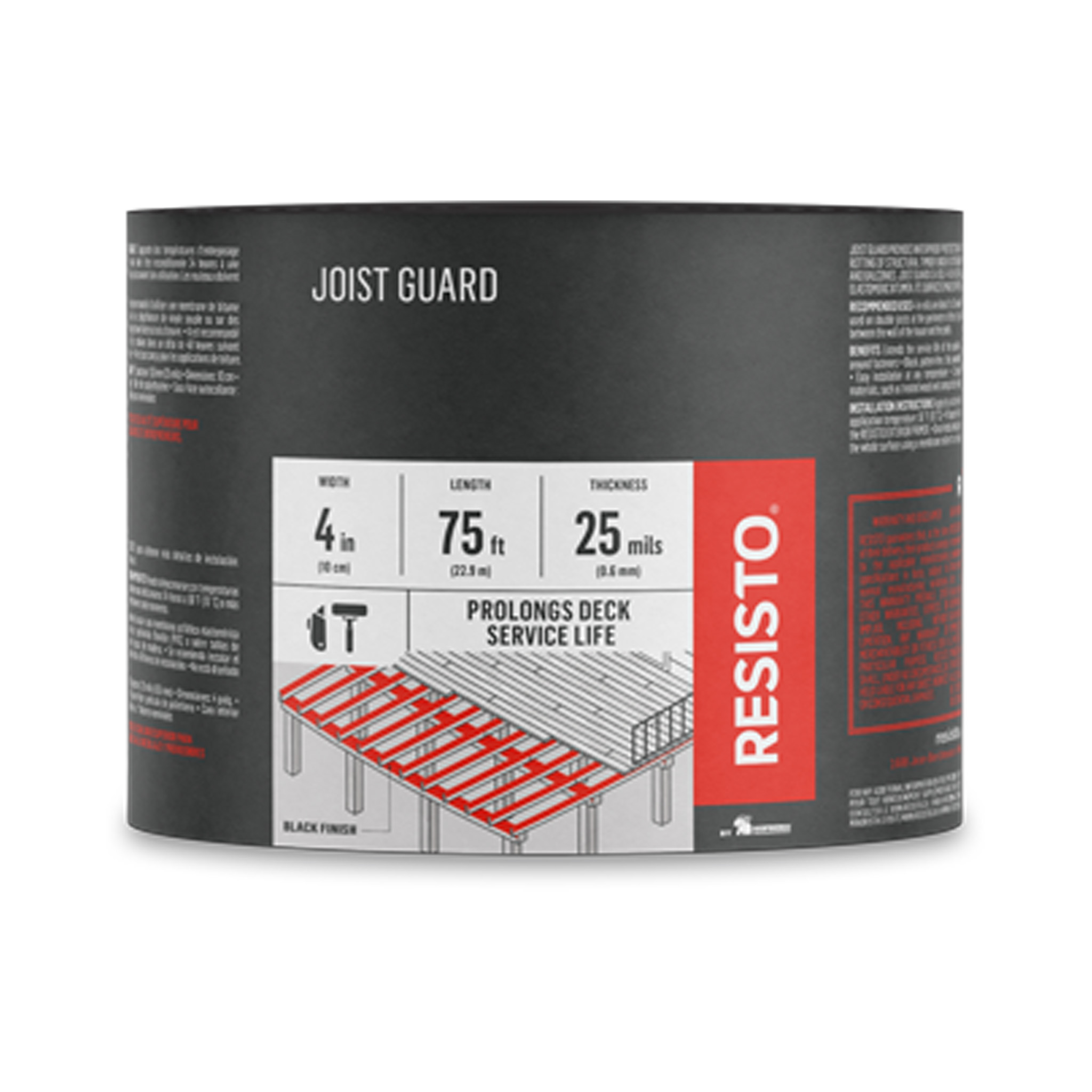 RESISTO Joist Guard – 4-inch x 75-foot roll. Black joist tape with red and white packaging, designed to protect deck joists from moisture and prolong deck life.