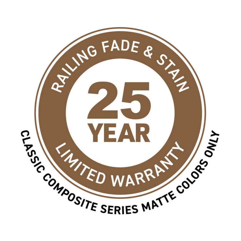 TimberTech Classic Composite Series 25-Year Limited Warranty Badge – Covers railing fade and stain protection for matte color options.