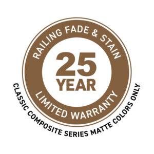 TimberTech Classic Composite Series 25-Year Limited Warranty Badge – Covers railing fade and stain protection for matte color options.