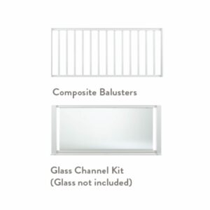 TimberTech Premier Rail infill options – Composite Balusters for a classic look or a Glass Channel Kit (glass not included) for unobstructed views.